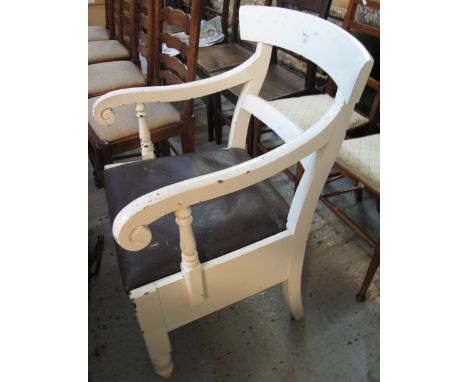 19th Century painted commode armchair with over-hanging top rail and scrolled arms.(B.P. 24% incl. VAT)