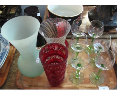 Tray of assorted glassware to include: set of six wine glasses; ruby coloured vase and other Art Vases.(B.P. 24% incl. VAT)