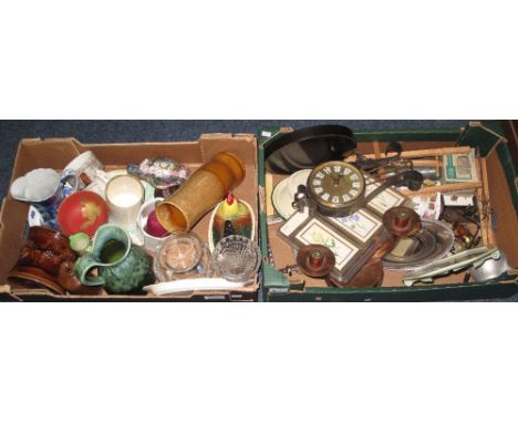 Two trays of assorted items to include: dresser and other jugs; egg crock; glass vases; enamel kitchen lids; Time Master wall