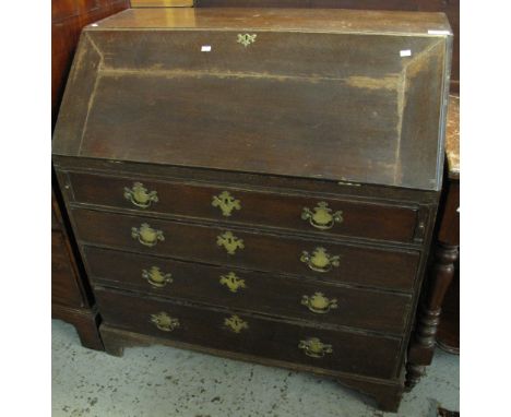 18th Century oak fall front bureau, having four long drawers on bracket feet, of good proportions.(B.P. 24% incl. VAT)