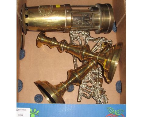 Thomas and Williams brass miner's safety lamp, together with pair of brass baluster candlesticks and two brass stands depicti