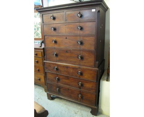 19th Century stained mahogany chest on chest with turned handles, inset with mother-of-pearl, on bracket feet.(B.P. 24% incl.