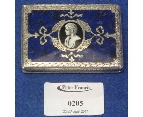 Silver engraved and enamel rectangular snuff box with central cartouche depicting figure of possibly an emperor, assay marks 