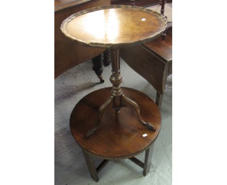 Reproduction walnut pie crust tripod table, together with mid 20th Century oak circular, low, occasional table. (2)(B.P. 24% 