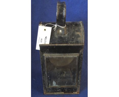 Vintage metal railway lamp with arched handle and three glazed panels.(B.P. 24% incl. VAT)