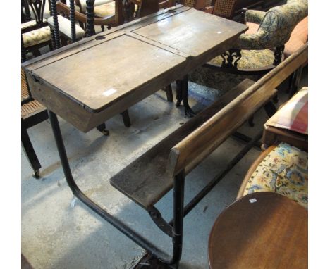 Vintage double school desk with iron frame and bench.(B.P. 24% incl. VAT)