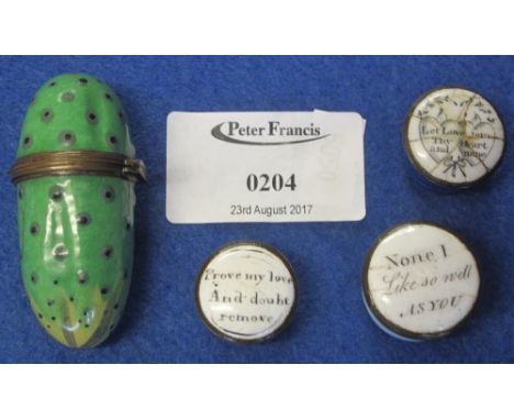 Collection of four Georgian Bilston enamels to include three patch boxes and another shaped as a gherkin. (4)(B.P. 24% incl. 