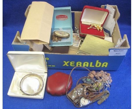 Small box of assorted, mainly costume jewellery, to include: silver bangle; pocket watch; bracelets; pearl earrings; wristwat