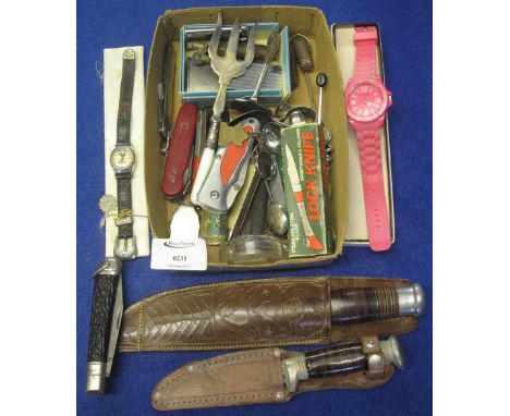 Box of assorted collectables to include: sheathed daggers; pocket knives; wristwatches; lighters; baby pusher; tea caddy spoo