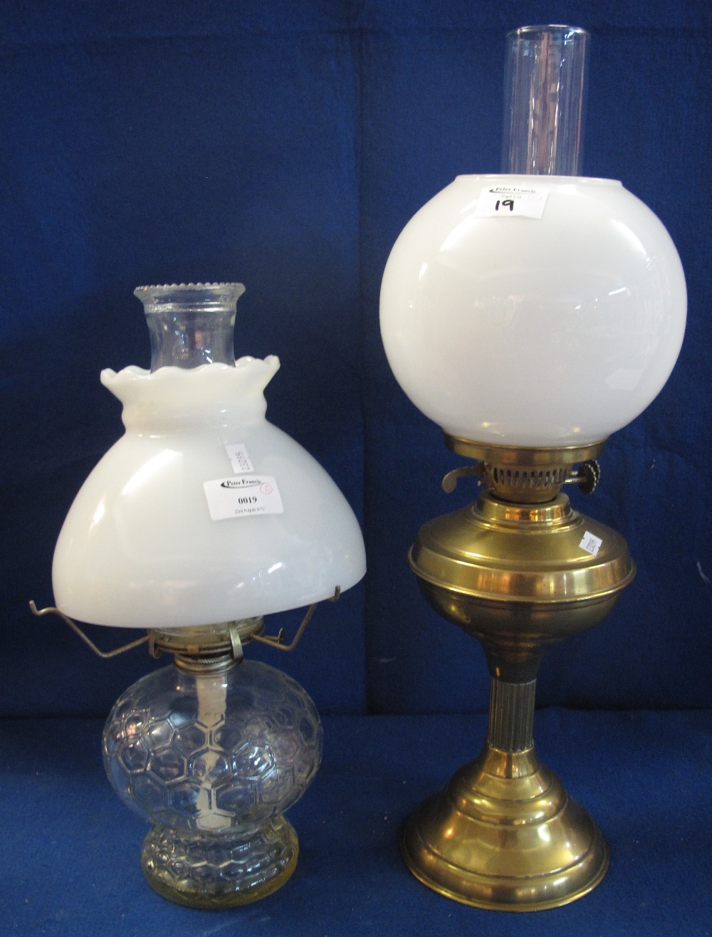 Brass double burner oil lamp with clear funnel and cream shade ...