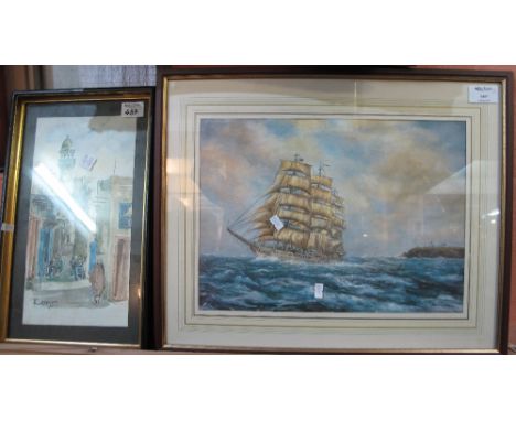 After Grace Scurlock, study of the square rig sail training vessel Christian Radich off St. Ann's Head, coloured print.  Fram