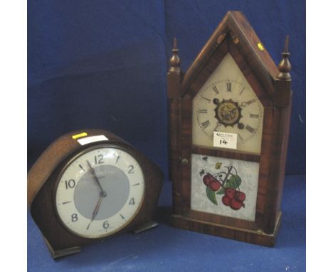 Smith's Art Deco design, oak cased mantel clock, together with Jerome of New Haven, Connecticut, USA, architectural clock. (2
