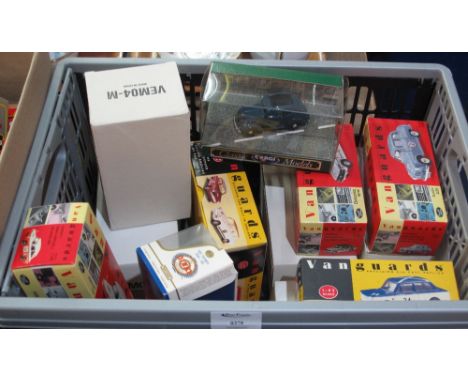 Box of assorted diecast model vehicles in original boxes and packaging to include: Vanguards; Dinky; Classic Corgi models etc