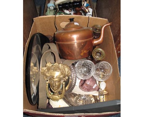 Box of assorted items to include: Clarice Cliff 'Celtic Harvest' preserve pot; pair of oak barley twist candlesticks; copper 