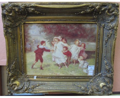 Victorian style coloured print depicting children playing in a garden, in heavy gilt frame.  The print: 30 x 39cm approx.  Mo