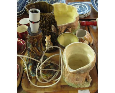 Tray of Sylvac pottery and other similar items to include: jugs; bowl; table lamp decorated with rabbits and mythical creatur