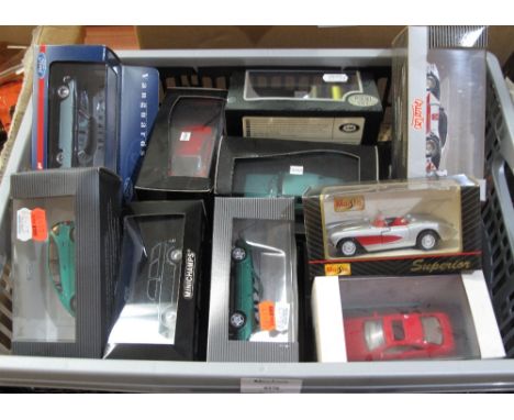 Box of assorted diecast 1:43 scale model vehicles in original boxes, to include: Maxicar; Ixo; Quartzo; Llado Minichamps etc.