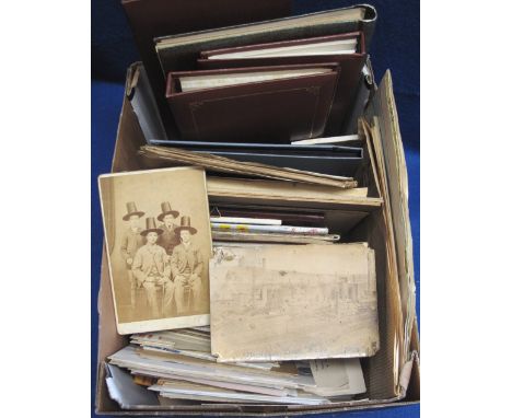 Box with range of postcards and early portrait cards and various empty albums, few rugby programmes, tea cards etc.(B.P. 24% 