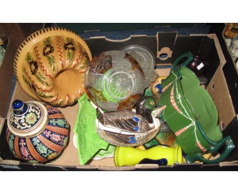 Tray of assorted china and glass to include: floral pottery mould; German baluster lidded vase; Carltonware dishes; amber gla