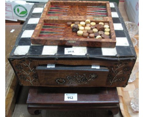 Modern travelling Backgammon game in walnut case, together with a black and white chess board with fitted drawer and an Orien