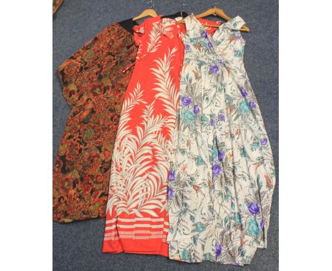 Collection of vintage print maxidresses (70's-90's) to include: Maichaela Louisa yellow floral silk dress with matching shrug