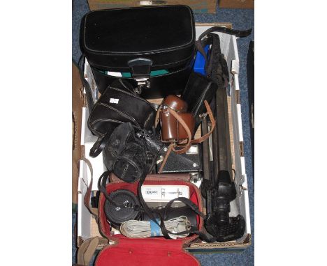 Tray of assorted cameras and camera equipment to include: Pentax; Agfa; Minolta; tripods; leads; cables etc.(B.P. 24% incl. V