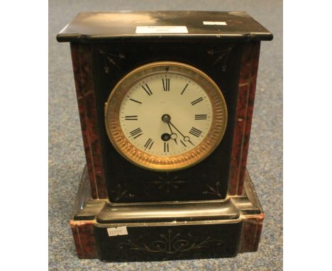 19th Century red and black marble single train mantel clock with white enamelled face and Roman numerals.(B.P. 24% incl. VAT)
