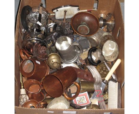 Box of assorted metalware to include: cast iron lion door knocker; loose plated cutlery; lady's dressing table brush; various