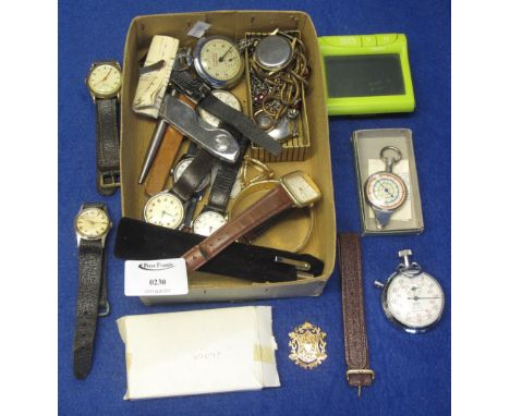 Box of assorted collectables to include: pocket watches; wristwatches; map measurer; various chains; pocket watch chains; gen