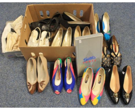 Box of vintage shoes (mainly 80's) to include: brown leather Penata heels, multicoloured Faith leather heels in original box,