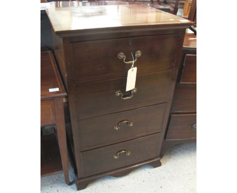 Edwardian mahogany inlaid, narrow, four drawer chest on bracket feet, marked to the interior: Shoolbred & Co., Tottenham Cour