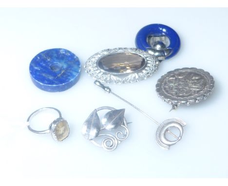 Silver brooch, ring, marcasite brooch, etc