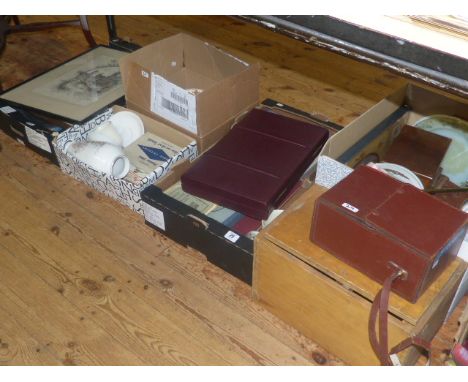 Four boxes of china, Model 700 Multitester, backgammon, books, pictures, etc