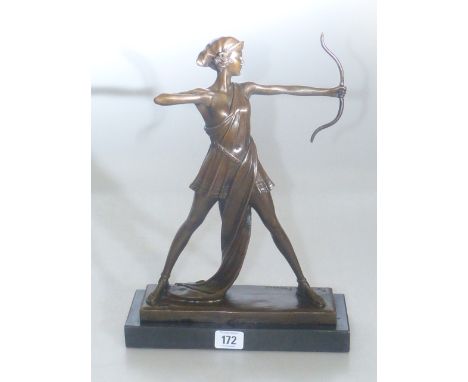 Modern bronze of female archer on marble plinth