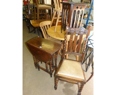 Small oak barley twist gate leg table, barley twist side chair and oak occasional table (3)