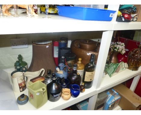 Copper and brass planter and pans, wall hanging, whisky bottles, water jugs, wall pocket, lamps, etc