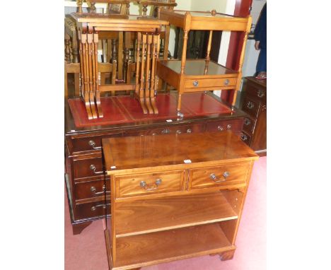 Yew two drawer open bookcase, yew nest of three tables and yew lamp table (3)