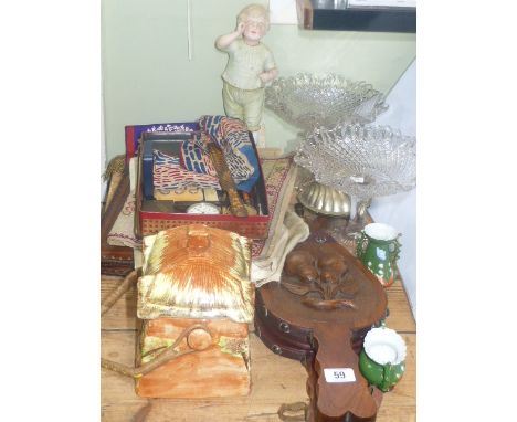 Bisque figure, wood and leather bellows, two glass cakestands, Victorian sampler, leather bag, cottage biscuit barrel, collec