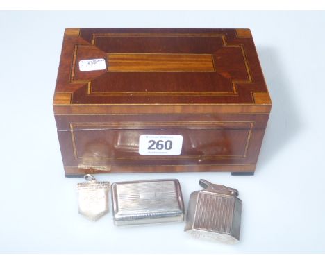 Silver snuff box, Birmingham 1818; sterling silver lighter and a ballroom dancing silver medal; all in an inlaid box (4)