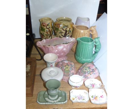 Two Sylvac squirrel jugs, Tony Wood Studio jug and vase, Carlton vase, Maling planter, pair of Arthur Wood wall pockets, thre