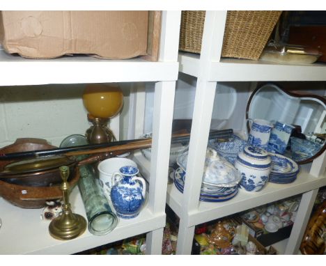 Copper and brass warming pan, Spodes Italian and other blue and white china, wall bracket, wall mirror, lamp, etc