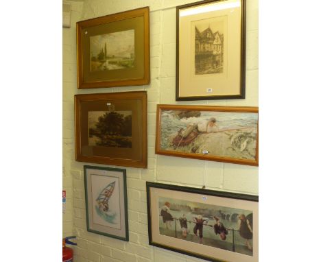 Framed etching, Bishop Lloyds Palace, Chester, four coloured prints and framed needlework (6)