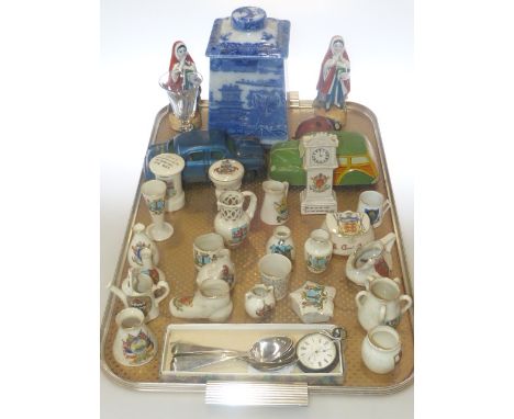 Ringtons caddy, two figures, two vintage tinplate cars and ladybird, 19th Century wine glass, crested ware, six silver spoons