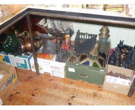 Four boxes of metal wares, two warming pans, light fittings, cuckoo clock, ship model, barometer, wooden masks, Egyptian orna