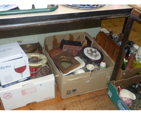 Three boxes of glass and china, Lurpak pieces, model aircraft, kitchen scales, etc