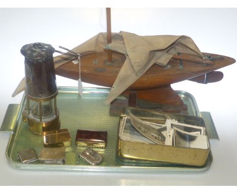 Pond yacht, miners lamp, wartime photographs, two silver vesta's and match striker, etc