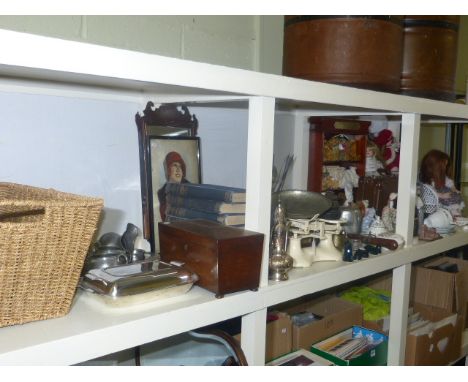 Dolls, teddies, teawares, glasswares, kitchen scales and weights, Victorian mahogany caddy, books, pewter tea set, etc