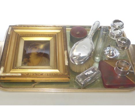 Stewart Dawson & Co silver-plated kangaroo salt, silver backed brush, silver topped toilet bottles, travelling clock, small c