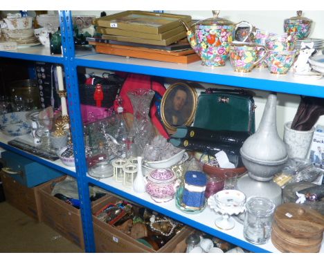 Brass table lamp, small corner cabinet, brass jardiniere, glass, china, jewellery, handbags, ring, pestle and mortar, etc