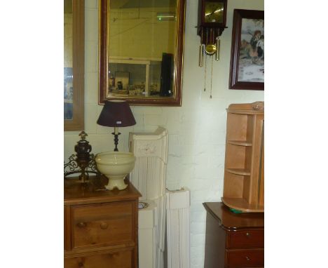Plaster fire surround, double weight wall clock, framed print, framed wall mirror, lamp and ceiling light (6)